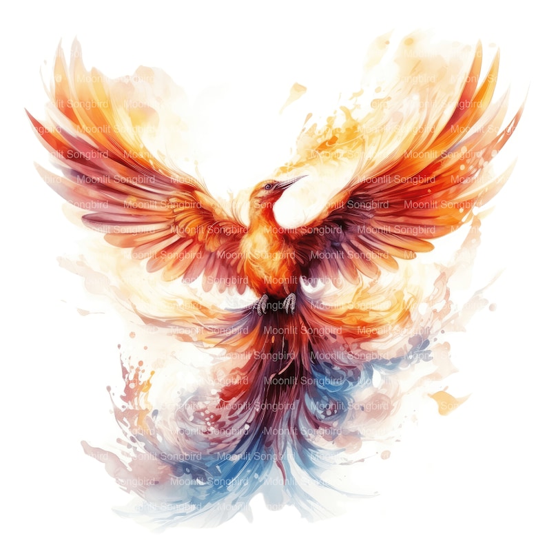 May include: A fiery orange and red phoenix bird with a long tail of blue and purple feathers, rising from a burst of flames and smoke.