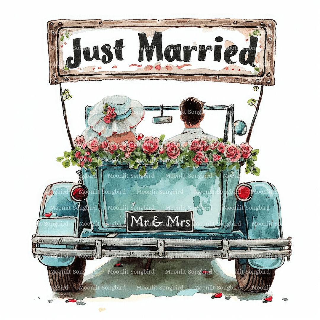 14 Just Married Car Clipart, Bride and Groom, Wedding Day, Love, Digital Download, Printable ...