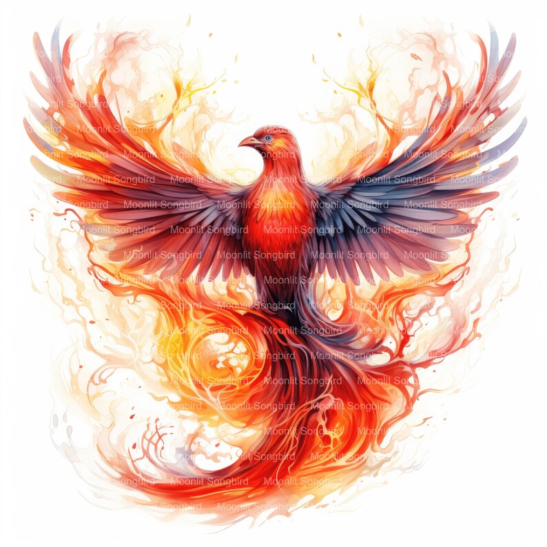 May include: A fiery red, orange, and yellow phoenix bird with outstretched wings, rising from a swirling flame. The bird's wings are spread wide, and its tail feathers are flowing in the wind.