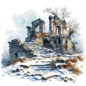 14 edificios en ruinas en invierno, clipart, descarga digital, clipart de acuarela imprimible, manualidades de papel, JPG abandonados, diario basura