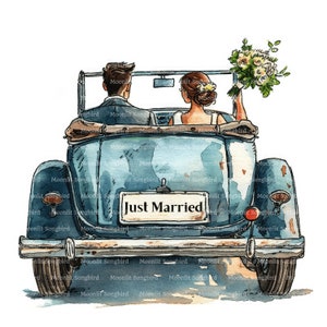14 Clipart voiture Just Married, les mariés, le jour du mariage, amour, téléchargement numérique, clipart aquarelle imprimable, créations en papier, journal indésirable