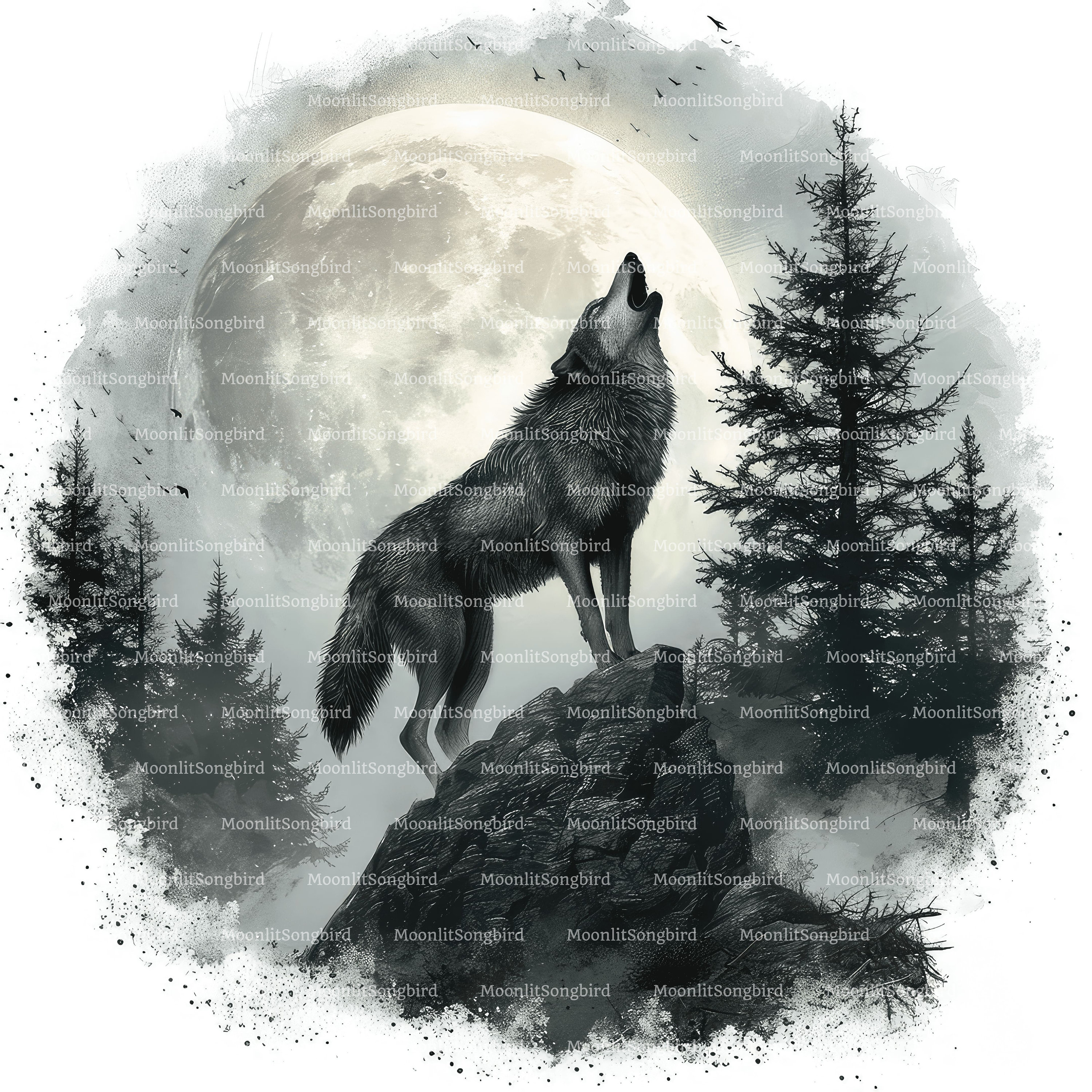 月に向かって遠吠えするオオカミのクリップアート12点、デジタル