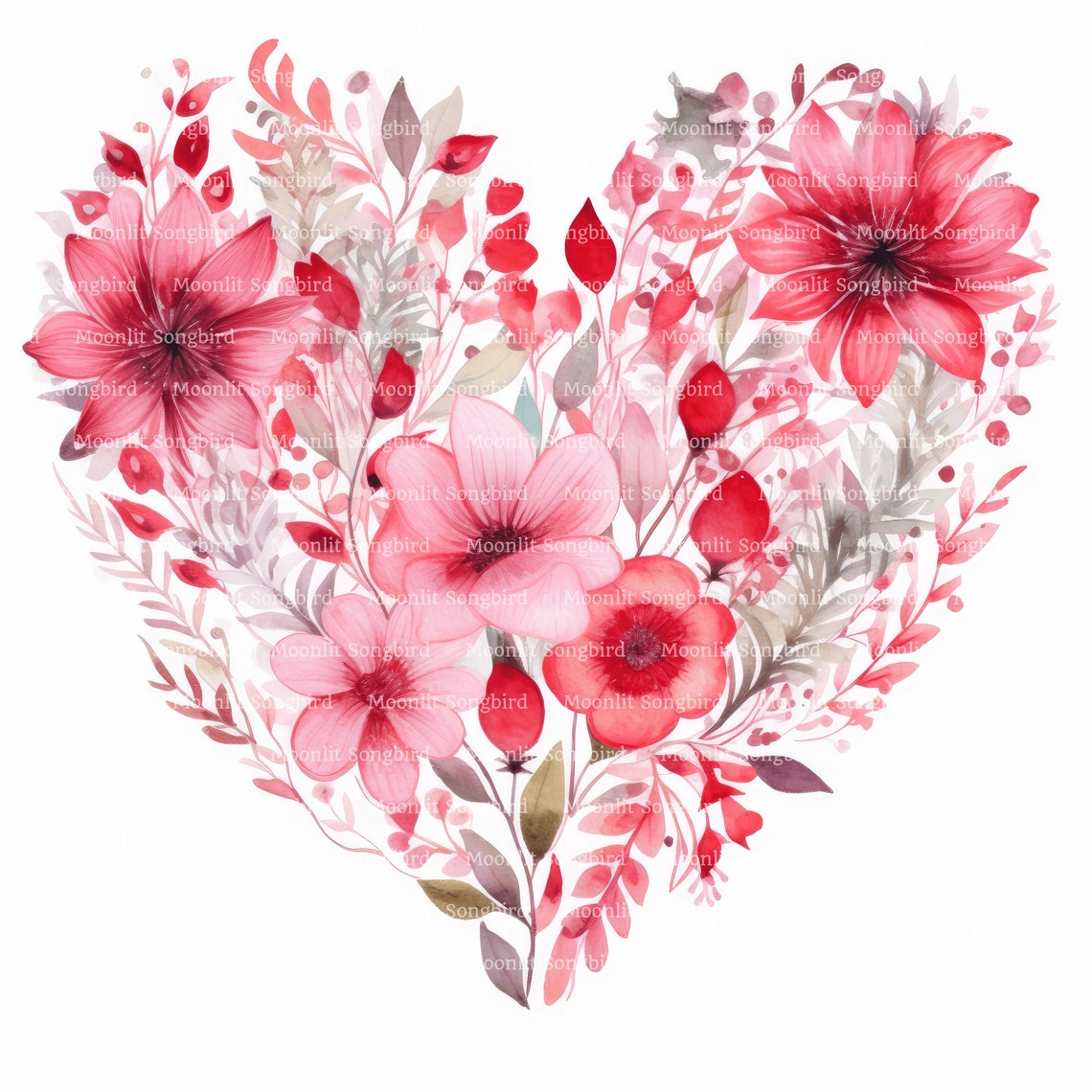 10 Floral Hearts Clipart, Digital Download, Printable Watercolor Card ...