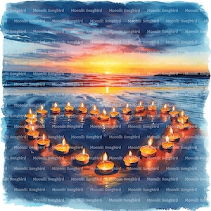 16 bougies en forme de coeur sur la plage des cliparts, téléchargement numérique, clipart aquarelle imprimable, créations en papier, JPG romantique, journal indésirable