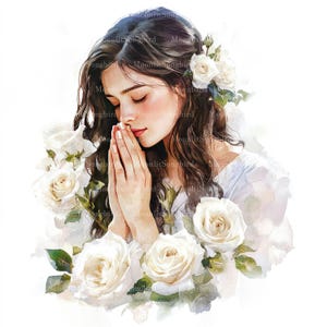10 femme en prière et fleurs blanches des cliparts, téléchargement numérique, JPG, femme chrétienne en prière, femme en prière, images du Christian Junk Journal