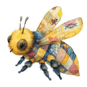 Peut inclure: Une abeille en patchwork avec une fourrure jaune et brune, des pattes bleues et des ailes en tissu coloré. L'abeille vole avec ses ailes déployées.