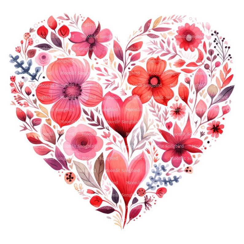 12 Floral Heart Clipart, Digital Download, Printable Watercolor Clipart ...