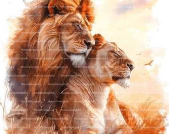 12 Lion Couple in Love Clipart, Digital Download, Printable Watercolor Image, Paper Crafts, Romantic, King, Queen, Quality JPG, Junk Journal