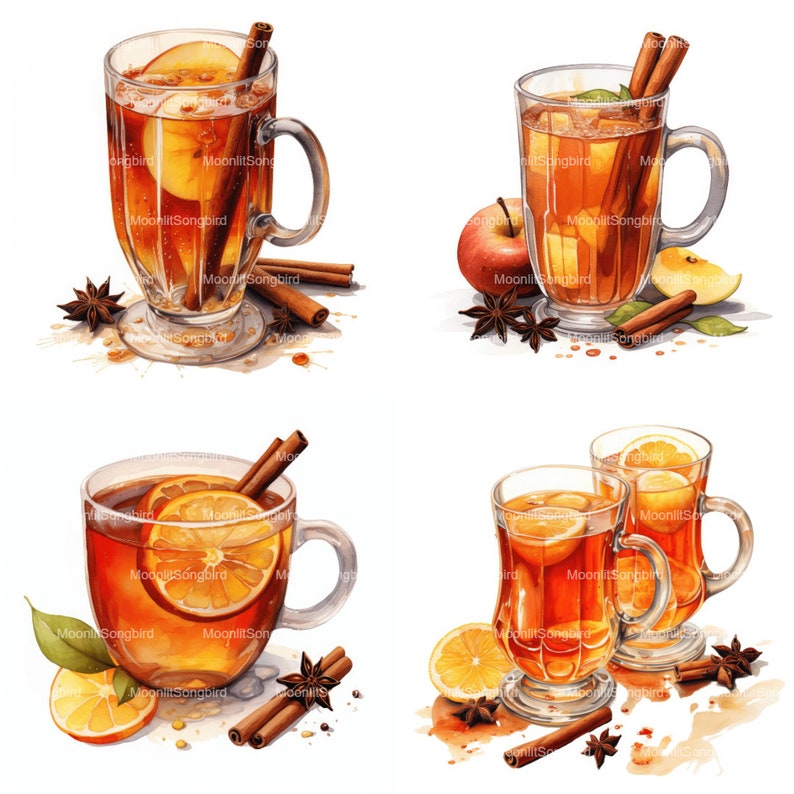 K&ouml;nnte beinhalten: Vier Illustrationen von Bechern, gef&uuml;llt mit einem warmen Getr&auml;nk, wie Gl&uuml;hwein oder Gew&uuml;rzwein. Die Becher sind mit einer rotbraunen Fl&uuml;ssigkeit gef&uuml;llt und mit Zimtstangen, Orangenscheiben und Apfelscheiben garniert. Die Becher sind vor einem wei&szlig;en Hintergrund platziert.