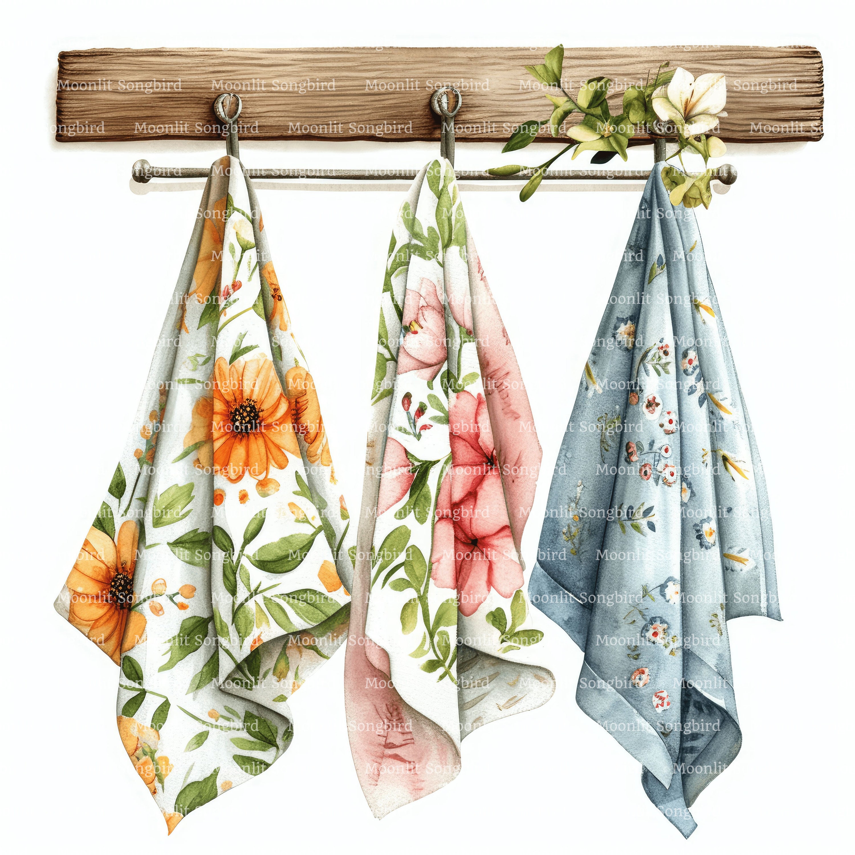 11 Hanging Tea Towels Clipart, Digital Download, Printable Watercolor