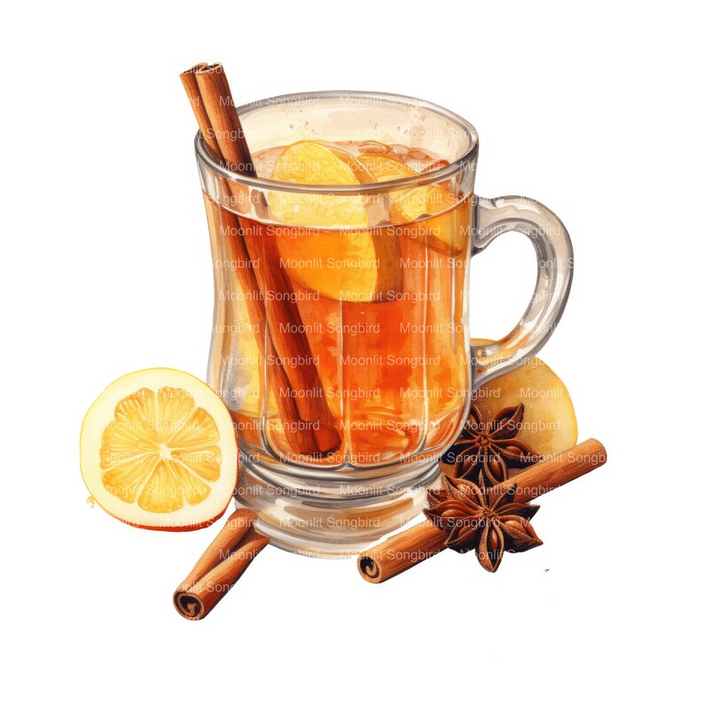 K&ouml;nnte beinhalten: Eine gl&auml;serne Tasse gef&uuml;llt mit einem warmen, bernsteinfarbenen Getr&auml;nk, garniert mit Zitronenscheiben und Zimtstangen. Die Tasse steht auf einer wei&szlig;en Oberfl&auml;che mit Sternanis und Zimtstangen, die um sie herum verstreut sind.
