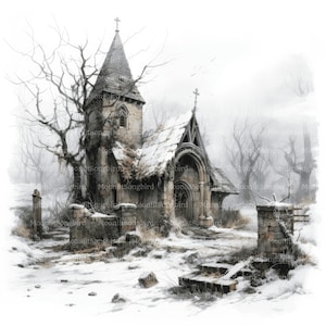 10 ruinas de la iglesia en imágenes prediseñadas de invierno, descarga digital, acuarela imprimible, artesanías de papel, edificio en ruinas, JPG de alta calidad, diario basura