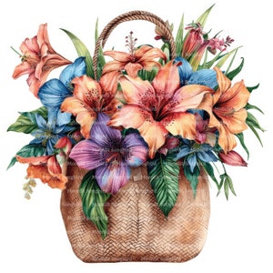 10 fleurs dans des cliparts de sac à main, téléchargement numérique, clipart aquarelle imprimable, créations en papier, beau bouquet de fleurs colorées, journal indésirable