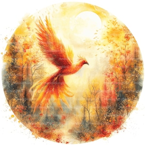 14 Phoenix en forêt des cliparts, téléchargement numérique, clipart aquarelle imprimable, créations en papier, oiseau de feu, fantastique, mythologie, JPG, Junk Journal