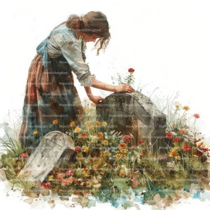 Könnte beinhalten: Eine Frau in einem langen, braunen und blauen Kleid kniet in einem Feld voller Wildblumen. Sie legt eine rote Blume auf einen grauen Stein.