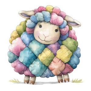 10 Clipart di pecore patchwork (solo immagini!) Download digitale, Clipart di pecore acquerello stampabili, lavoretti di carta, pecore carine per trapunte, diario spazzatura
