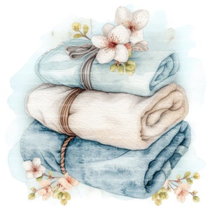 12 badhanddoeken en bloemen Clipart, digitale download, afdrukbare aquarel, papierkunst, spa, badkamer, hoge kwaliteit JPG, junk Journal