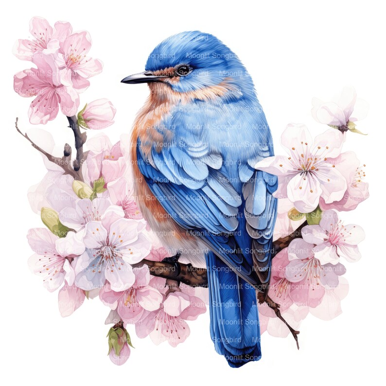May include: A bluebird perched on a branch with pink blossoms. The bird has a blue back and wings, a brown breast, and a black eye. The flowers are in full bloom and have delicate pink petals.