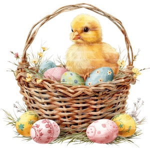 11 cestas de Pascua con pollitos y huevos, imágenes prediseñadas, descarga digital, imágenes prediseñadas de acuarela imprimibles, manualidades de papel, JPG de alta calidad, diario basura