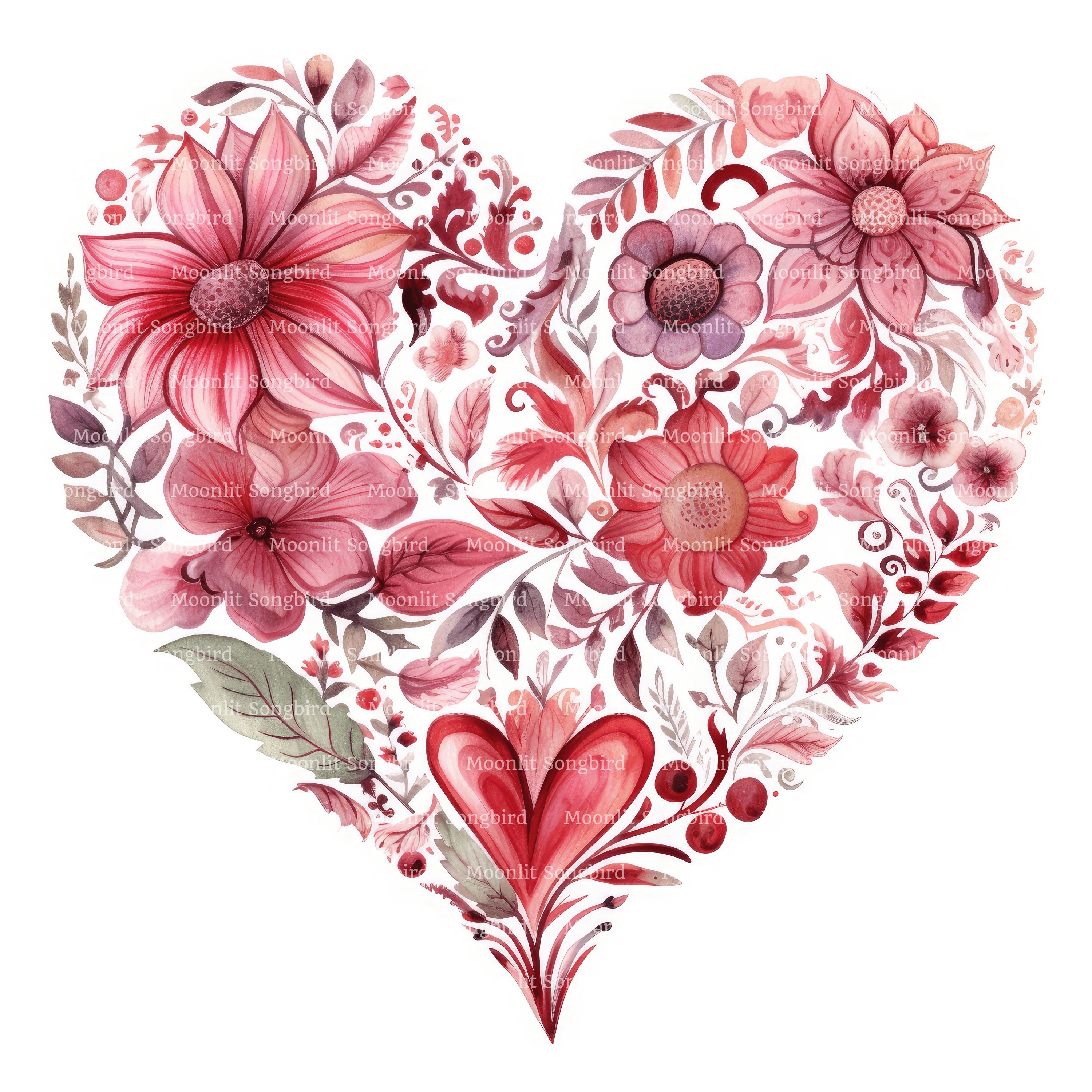 12 Floral Heart Clipart, Digital Download, Printable Watercolor Clipart ...