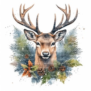 May include: Watercolor painting of a deer with antlers, wearing a brown headband with a gold buckle. The deer is surrounded by green and blue pine branches, red holly berries, and brown pine cones.