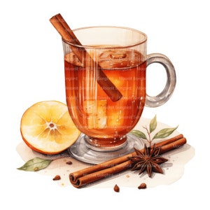 K&ouml;nnte beinhalten: Eine gl&auml;serne Tasse gef&uuml;llt mit einem warmen, gew&uuml;rzten Getr&auml;nk, garniert mit einem Zimtstange. Die Tasse steht auf einer wei&szlig;en Oberfl&auml;che mit einer Orangenscheibe, Zimtstangen und Sternanis.
