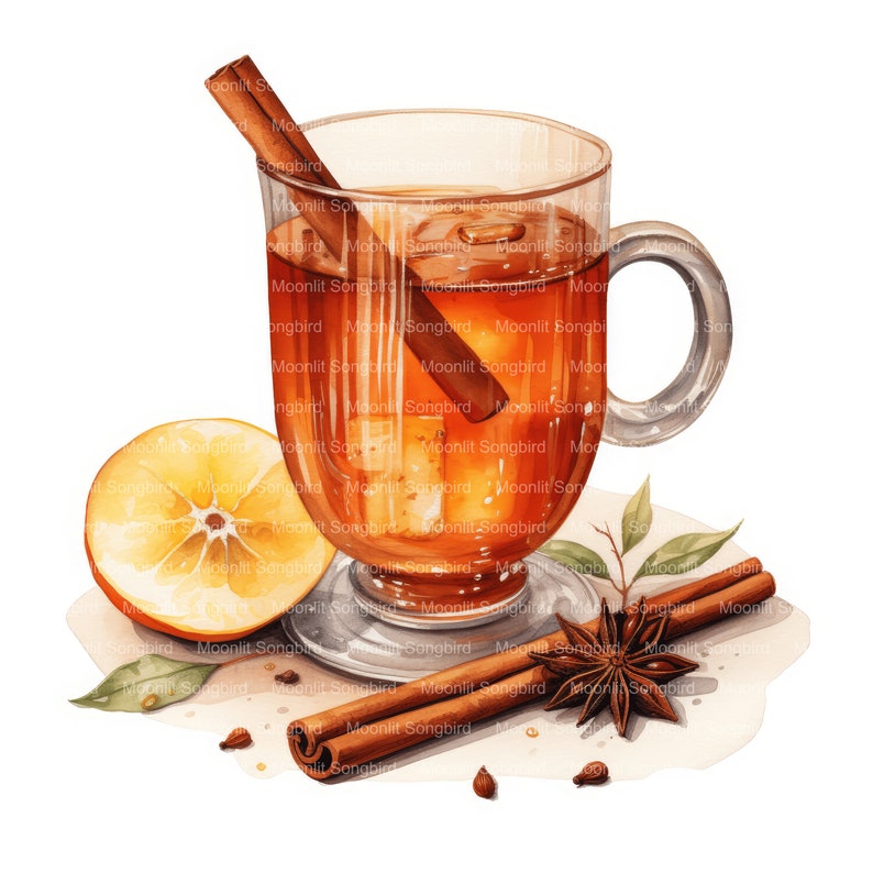 K&ouml;nnte beinhalten: Eine gl&auml;serne Tasse gef&uuml;llt mit einem warmen, gew&uuml;rzten Getr&auml;nk, garniert mit einem Zimtstange. Die Tasse steht auf einer wei&szlig;en Oberfl&auml;che mit einer Orangenscheibe, Zimtstangen und Sternanis.