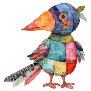Könnte beinhalten: Ein bunter Patchwork-Vogel mit einem langen orangefarbenen Schnabel und einem blauen Kopf. Der Vogel ist aus verschiedenen Stoffen gefertigt und hat einen verspielten, handgefertigten Look.