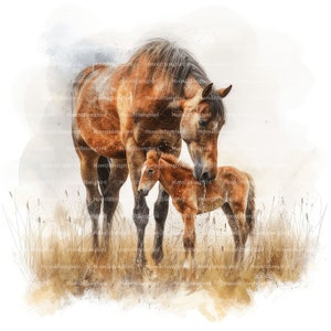 10 Mutter und Baby-Pferd im Feld Clipart, digitaler Download, druckbare Aquarell, Papiermodelle, Pferde, Fohlen, Qualität JPG, Junk Journal