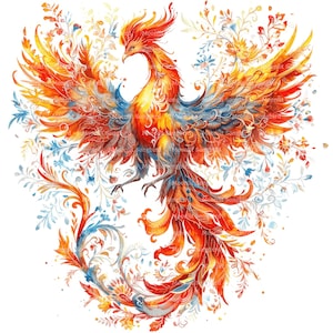 14 Clipart Phoenix floral, oiseau de feu artistique, téléchargement numérique, clipart aquarelle imprimable, créations en papier, JPG de haute qualité, journal indésirable