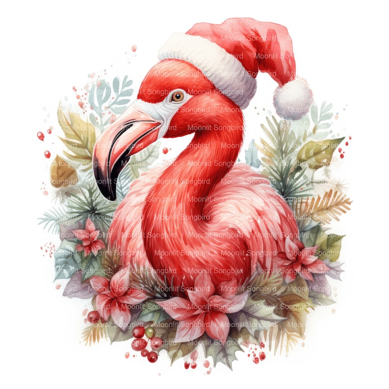10 Flamingo With Santa Hat Clipart, Digital Download, Printable