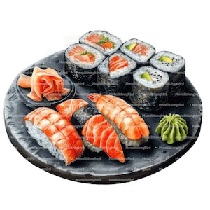 10 imágenes prediseñadas de sushi, descarga digital, imágenes de acuarela imprimibles, manualidades de papel, comida japonesa, wasabi, jengibre, JPG de alta calidad, diario basura