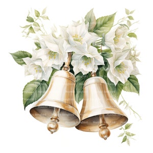 14 clipart de sinos e flores de casamento, download digital, clipart de aquarela para impressão, artesanato em papel, casamento, JPG de alta qualidade, diário de lixo