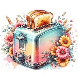 10 Blumen Brot Toaster Clipart, digitaler Download, druckbare Aquarell Clipart, Papiermodelle, Vintage, Retro, Blumen, JPG, Junk Journal