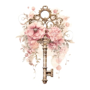 15 llaves vintage con flores, imágenes prediseñadas, descarga digital, acuarela imprimible, manualidades de papel, alta resolución, JPG de alta calidad, diario basura
