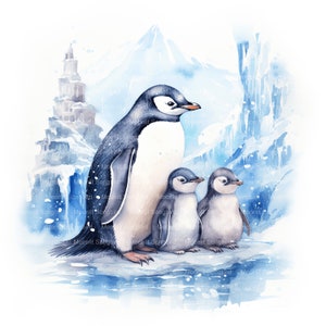 10 pinguïnfamilie in de winter Clipart, digitale download, afdrukbare aquarel, papierkunst, hoge resolutie, hoge kwaliteit JPG, junk Journal