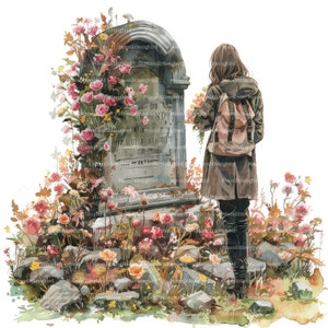 10 Clipart femme sur la tombe, téléchargement numérique, clipart aquarelle imprimable, créations en papier, femme en deuil, JPG de haute qualité, journal indésirable