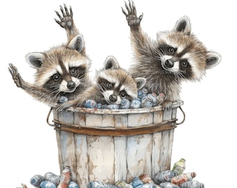 12 Raccoons Waving from Trash Can Clipart, Digital Download, Printable Watercolor Clipart, Paper Crafts, Trash Panda, JPG, Junk Journal