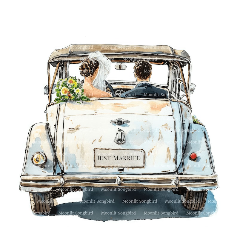 12 Just Married Car With Bride and Groom Clipart, PNG & JPG, Digital ...