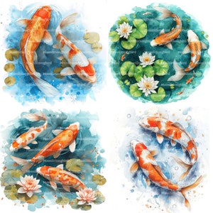 12 Clipart di pesci Koi, download digitale, clipart di acquerelli stampabili, lavoretti di carta, stagno, giapponese, acqua, JPG di alta qualità, Junk Journal