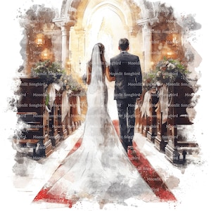 11 Zu Fuß den Gang entlang Clipart, digitaler Download, druckbare Aquarell, Papiermodelle, Braut und Vater, Hochzeit in der Kirche, Junk Journal Liebe