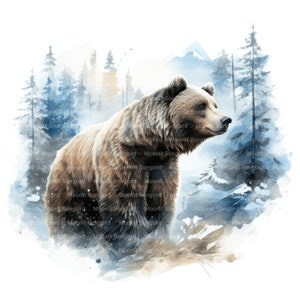 14 Orso bruno nella foresta invernale Clipart, download digitale, acquerello stampabile, lavoretti di carta, JPG ad alta risoluzione e qualità, Junk Journal