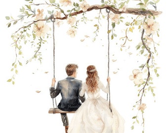 May include: A watercolor painting of a couple sitting on a swing under a tree with white blossoms. The couple is facing away from the viewer, and the woman is wearing a white wedding dress.