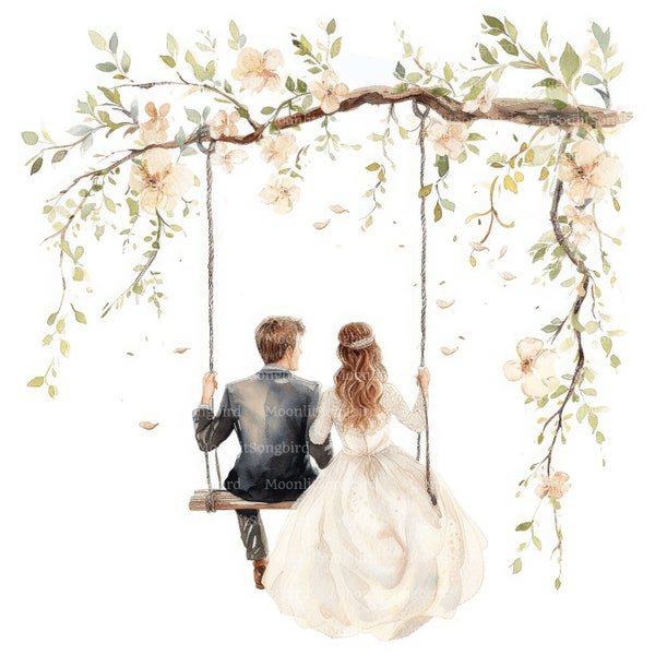 10 Bride and Groom on Swing Clipart, Digital Download, Printable Watercolor Clipart, Paper Crafts, Romantic Wedding Day, JPG, Junk Journal