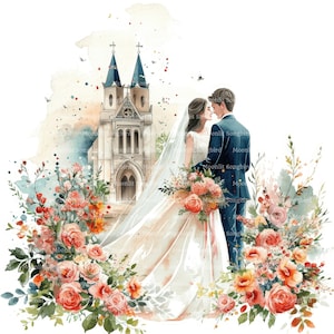 12 Braut und Bräutigam mit Kirche Clipart, digitaler Download, druckbare Aquarell Clipart, Papier Handwerk, romantische Hochzeit, Liebe, Junk Journal