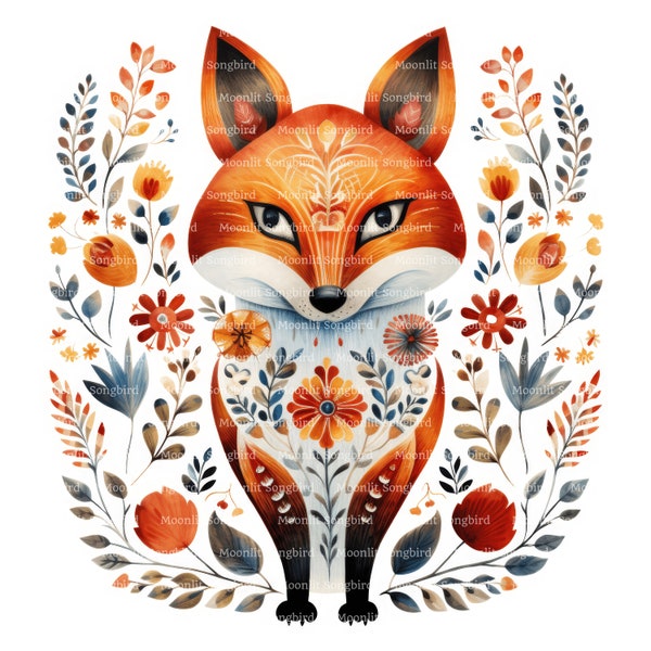 12 Fox Folk Art Clipart, Digital Download, Printable Watercolor Clipart, Scandinavian Folk Art, High Resolution, Quality JPG, Junk Journal