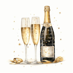 10 verres à champagne et bouteille des cliparts, téléchargement numérique, aquarelle imprimable, travaux manuels en papier, haute résolution et qualité JPG, Junk Journal