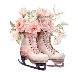 16 imágenes prediseñadas de patines de hielo con motivos florales vintage, descarga digital, acuarela imprimible, manualidades de papel, alta resolución, JPG de alta calidad, diario basura