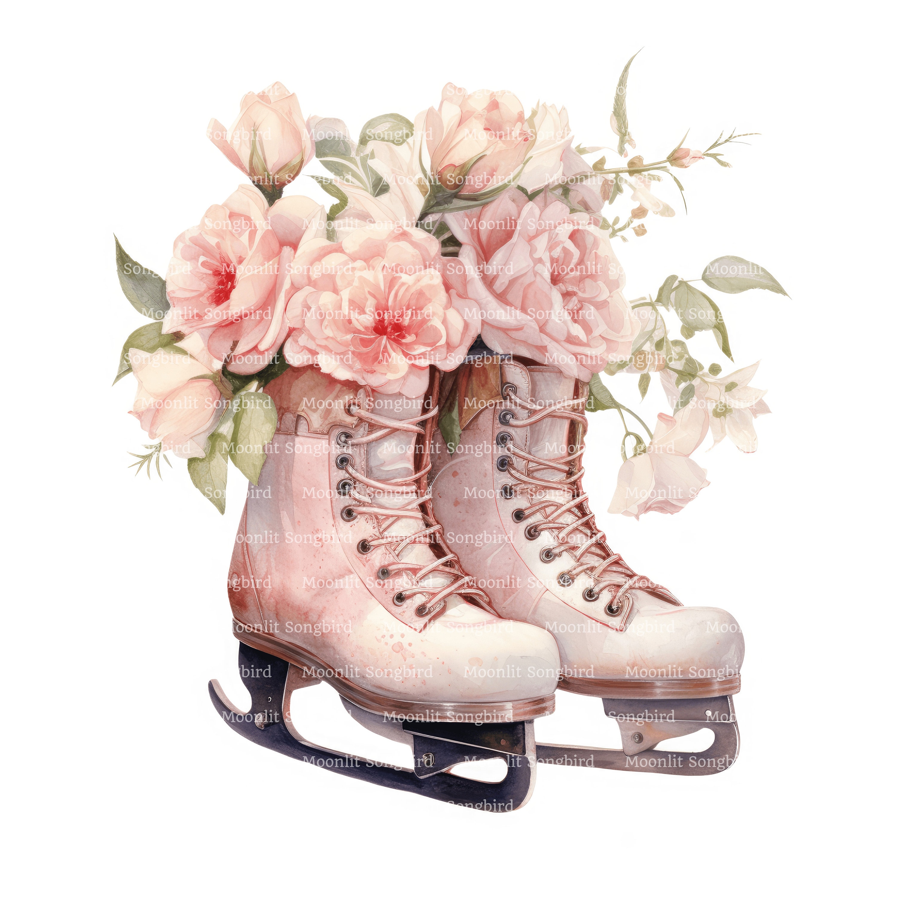 16 Vintage Floral Ice Skates Clipart, Digital Download, Printable