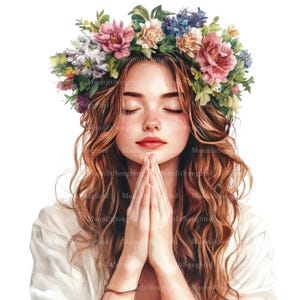 12 Modląca się kobieta z wiankiem z kwiatów Clipart, cyfrowe pobieranie, JPG i PNG, Modląca się kobieta, Kwiaty, Modląca się chrześcijańska dziewczyna, Obrazy religijne